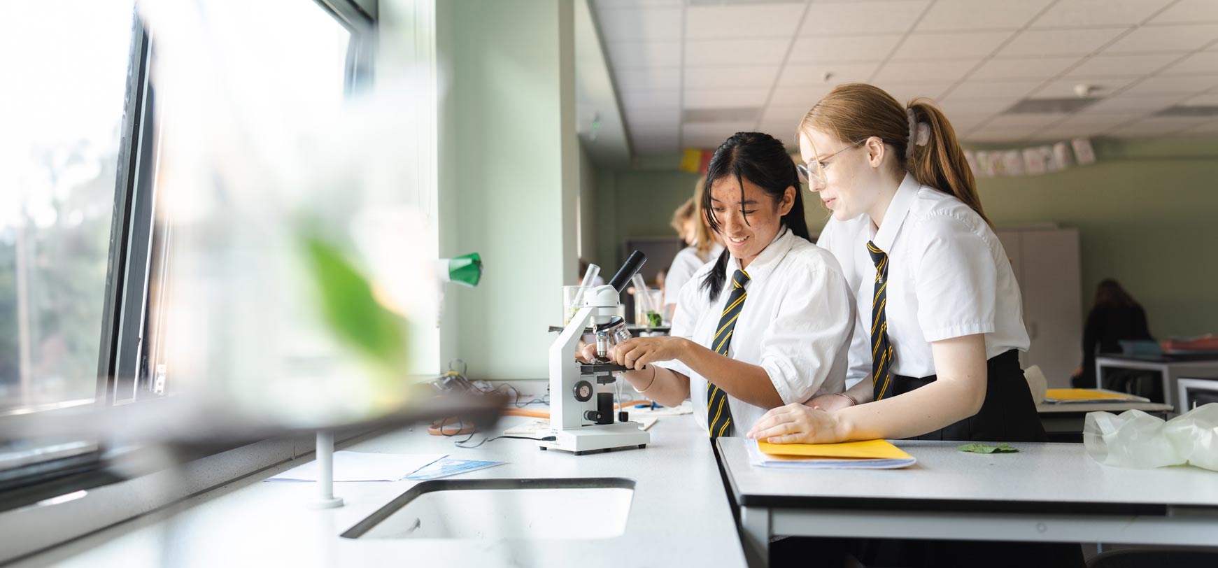 2 school girls look through microscope in science lab